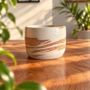 May include: A cylindrical ceramic planter with a smooth off-white glaze and a decorative band of exposed, speckled terracotta clay featuring horizontal, sweeping brushstroke patterns that wrap around the exterior of the vessel.