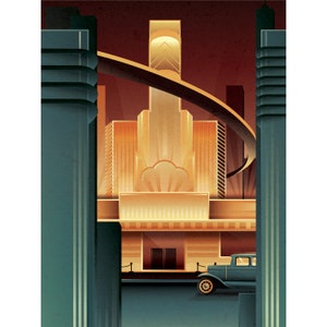 May include: A vintage car drives past a large, golden building with a decorative facade. The building is surrounded by tall, dark buildings and a curved highway.