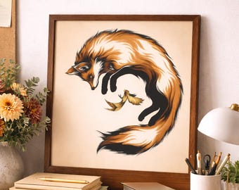 Fox and Bird Yin Yang Art Print – Spiritual Balance Wall Art, Sacred Union Animal Symbolism, Nature Meditation Home Decor
