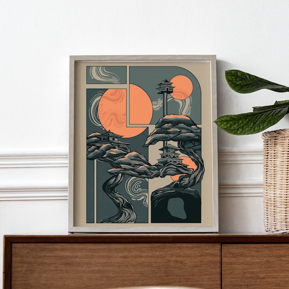 Bonsai Retro Futurism Canvas Art - Houses of the People - Japanese Wall Art - Surreal Bedroom Decor - Gifts for Bonsai Lovers