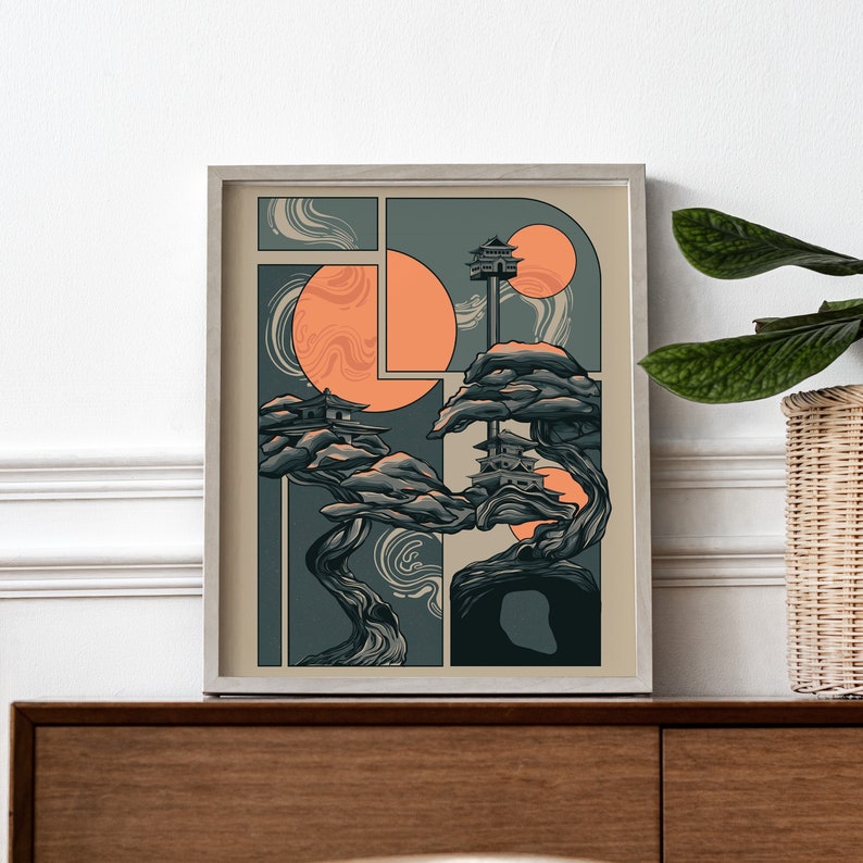 May include: A digital illustration of a stylized bonsai tree with three small buildings on its branches. The background is a light beige with two orange circles and a dark blue sky.