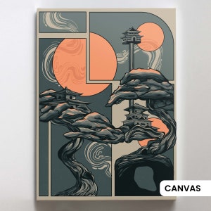 May include: A digital illustration of a stylized bonsai tree with a Japanese-style building on top. The tree is depicted in shades of gray and brown against a background of abstract shapes in shades of gray and peach.