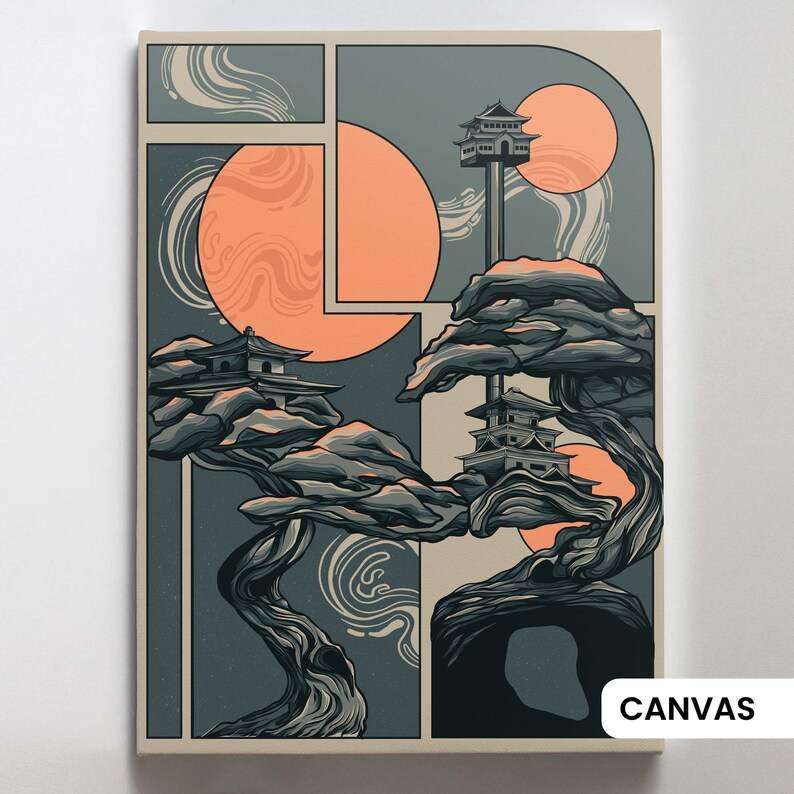 May include: A digital illustration of a stylized bonsai tree with a Japanese-style building on top. The tree is depicted in shades of gray and brown against a background of abstract shapes in shades of gray and peach.