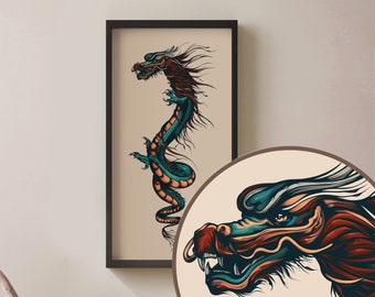 Azure Dragon Canvas Wall Art - Feng Shui Dragon Poster - Bluegreen Dragon of the East - Chinese Constellation Art