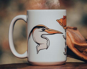 Heron & Poppy Ceramic Coffee Mug – Nature Lover Gift