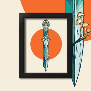 May include: A framed print of a stylized illustration of a dagger with a blue and green design. The dagger is surrounded by a circle of orange and has small mushrooms growing from the blade.