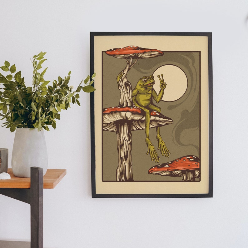 Frog and toad sitting on mushrooms in forest. Great for psychonauts home decor. Trippy experience art for alvarius.