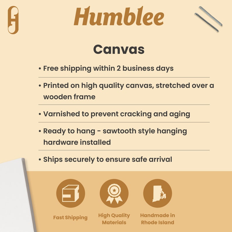 Puede incluir: Una ilustraci&oacute;n gr&aacute;fica de una impresi&oacute;n en lienzo con el texto "Humblee Canvas" y una lista de caracter&iacute;sticas que incluyen env&iacute;o gratuito, lienzo de alta calidad, estirado sobre un marco de madera, barnizado para evitar grietas y envejecimiento, listo para colgar con un sistema de suspensi&oacute;n de dientes de sierra instalado, y se env&iacute;a de forma segura para garantizar una llegada segura. El gr&aacute;fico tambi&eacute;n incluye tres iconos: una caja con una marca de verificaci&oacute;n, una estrella con una cinta y un mapa de Rhode Island.