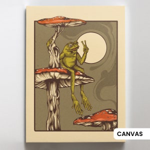 Frog and toad sitting on mushrooms in forest. Great for psychonauts home decor. Trippy experience art for alvarius.