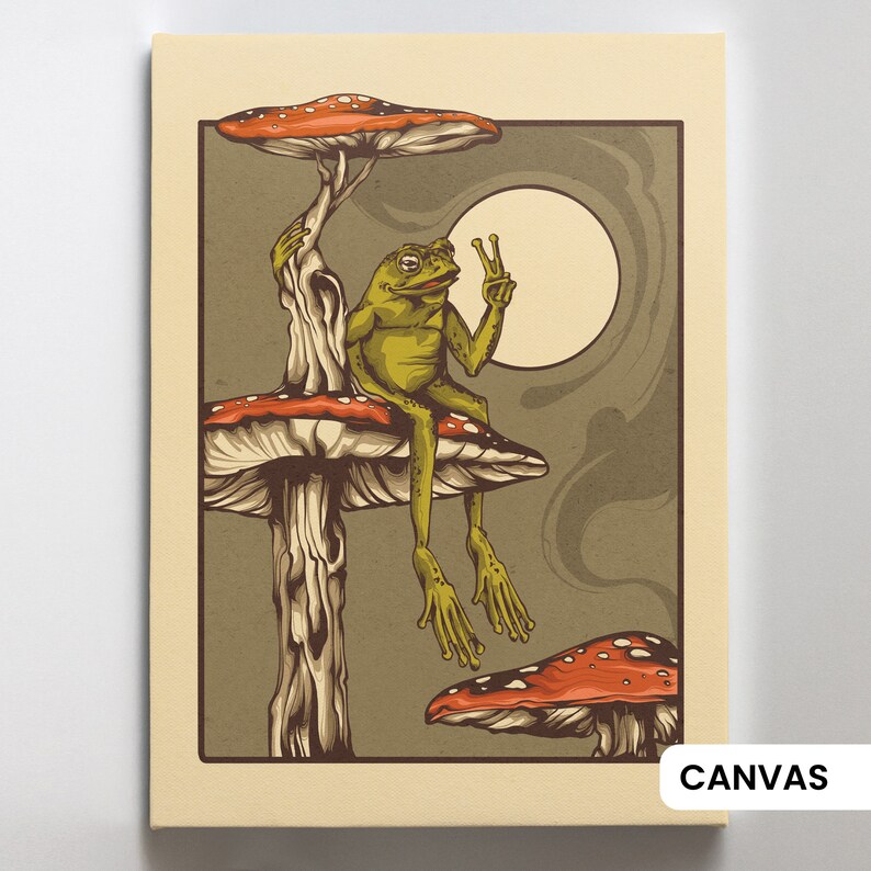 Frog and toad sitting on mushrooms in forest. Great for psychonauts home decor. Trippy experience art for alvarius.