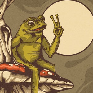 Frog and toad sitting on mushrooms in forest. Great for psychonauts home decor. Trippy experience art for alvarius.