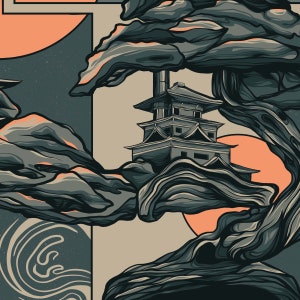 May include: A stylized illustration of a Japanese pagoda nestled in a rocky landscape with a large, gnarled tree reaching out over the scene. The background features a soft orange and blue gradient.