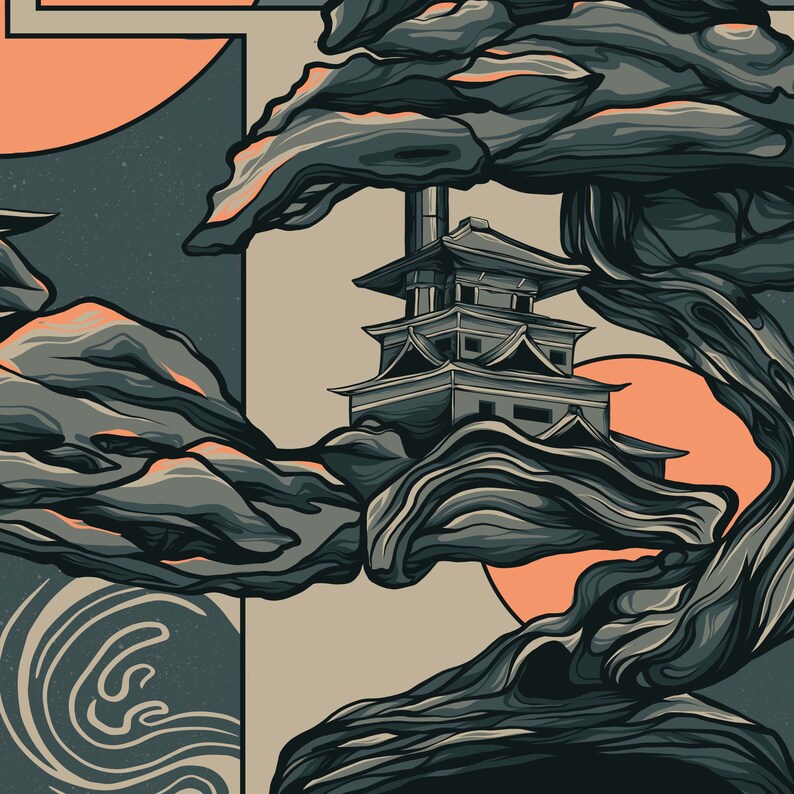 May include: A stylized illustration of a Japanese pagoda nestled in a rocky landscape with a large, gnarled tree reaching out over the scene. The background features a soft orange and blue gradient.