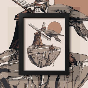 The Woodpecker, a Windmill, and the Wanderer - Surreal Wall Art - Little Giants Series