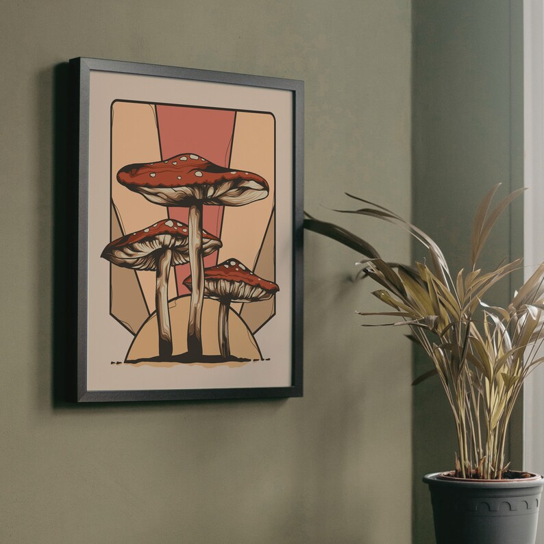 Psychedelic Sunset Canvas Wall Art - Retro 1970s Shroom Print- Trippy Magic Mushroom Poster - Hippie Kitchen Decor - Psilocybe Cubensis