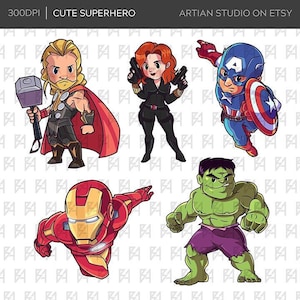 Chibi Cute Superhero Clipart Bundle, Super Heroes PNG file, Printable, Party Decoration, Sublimation Design