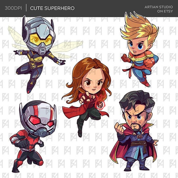 Chibi Cute Superhero Clipart Bundle, Super Heroes PNG file, 300 DPI