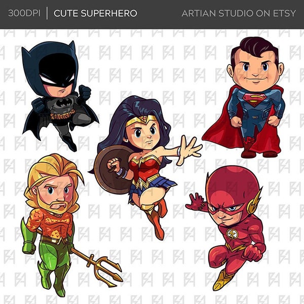 Cute Superhero Clipart Bundle, Super Heroes PNG file, 300 DPI