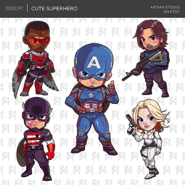 Chibi Cute Superhero Clipart Bundle, Super Heroes PNG file, 300 DPI