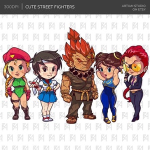 Cute Chibi Fighter Characters Clipart Bundle, Video Game digital clipart, PNG files 300dpi, Printable, Party Decoration, Sublimation Design