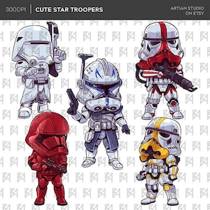 Pacote de clipart de herói estelar fofo, soldados estelares fofos, pacote de clipart de personagem Chibi Star Wars, clipart de guerra espacial, arquivo PNG, 300dpi