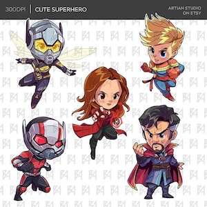 Chibi Superhelden Clipart Bundle, Superhelden PNG-Datei, 300 DPI, Printable, Partydekoration, Sublimationsdesign