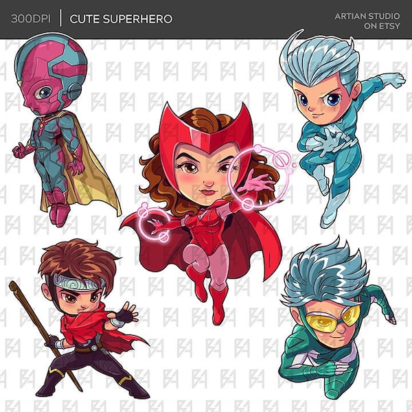 Chibi Cute Superhero Clipart Bundle, Super Heroes PNG file, 300 DPI