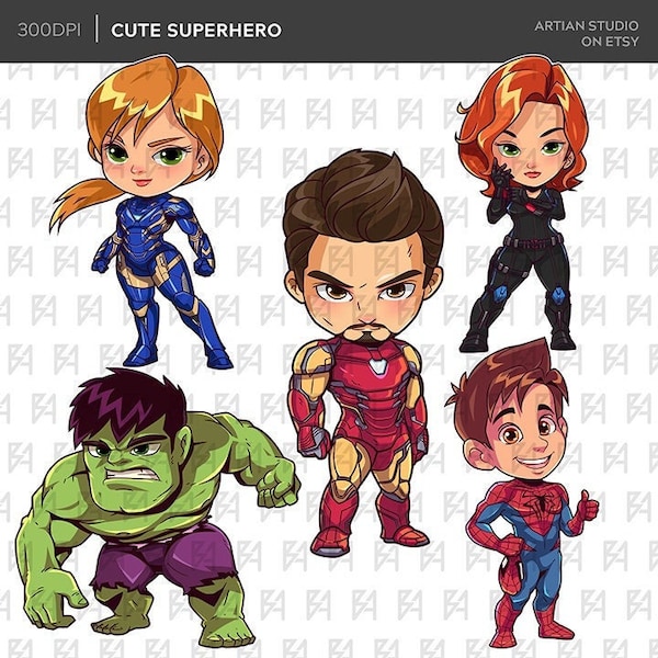 Chibi Cute Superhero Clipart Bundle, Super Heroes PNG file,