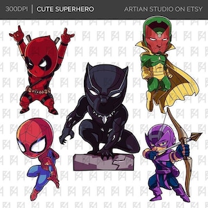 Pacote de clipart de super-heróis fofos Chibi, arquivo PNG de super-heróis, 300 DPI, para impressão, decoração de festa, design de sublimação