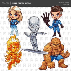 Chibi Cute Superhero Clipart Bundle, Super Heroes PNG file, 300 DPI, Printable, Party Decoration, Sublimation Design