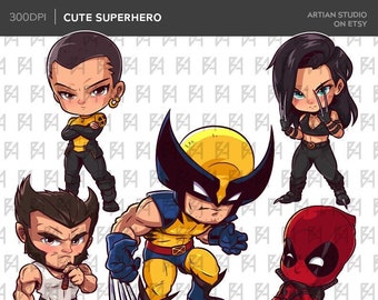 Chibi Cute Superhero Clipart Bundle, Super Heroes PNG file,