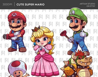 Cute Super Mario Clipart Bundle, Chibi Character Clipart Bundle,  Super Mario Cliparts, PNG file, 300dpi