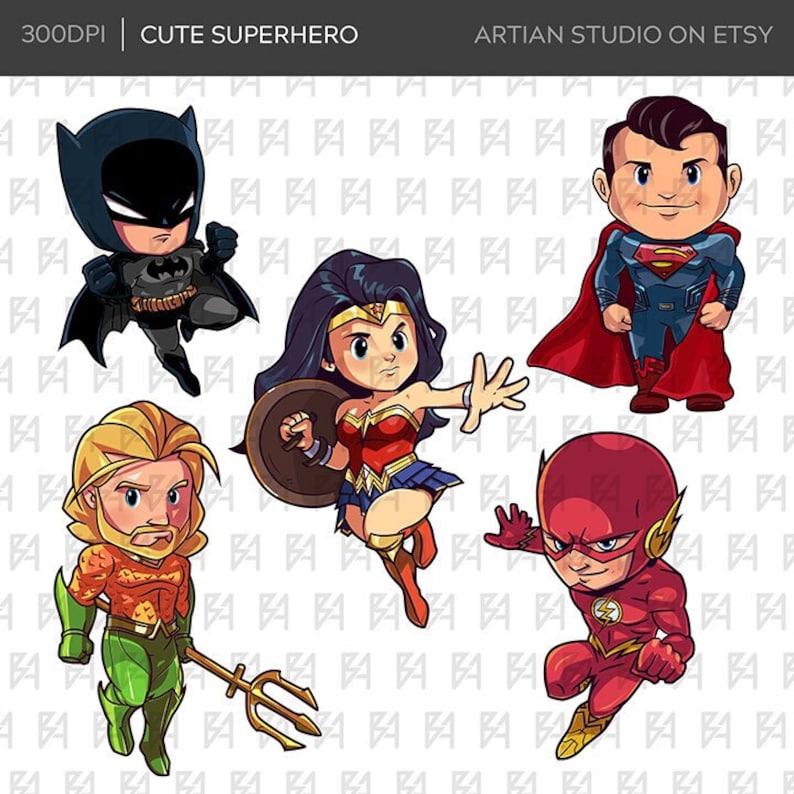 Cute Superhero Clipart Bundle, Super Heroes PNG file, 300 DPI image 1