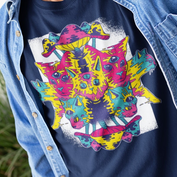 Mushroom Shirt, Acid Cats, Psychedelic Cat tee, Trippy cat t shirt, Psychedelic Shirt, Hippie Clothes, Magic Mushroom, Mycology Fungi