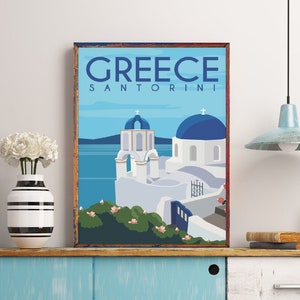 Santorini Travel Poster, Greek Decor, Greece Print, Europe Travel Art, Greek Islands Decor, Mediterranean Wall Art, Cyclades Islands,Vintage