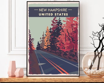 Affiche de voyage du New Hampshire, Forêt nationale de White Mountain, Art du New Hampshire, Estampes du New Hampshire, Couleurs d’automne, Affiche rustique, Carte de l’État