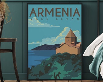 Armenia Travel Poster, European Travel Print, Armenia Art Print, Lake Sevan Travel Poster, Khor Virap Poster, Armenia Monastery Poster