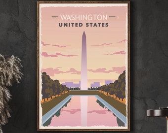 Washington DC Travel Poster, Washington Monument, Lincoln Memorial, Washington DC Print, America Travel Print, City Skyline Wall Art, Decor