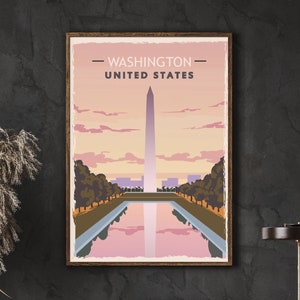 Washington DC Travel Poster, Washington Monument, Lincoln Memorial, Washington DC Print, America Travel Print, City Skyline Wall Art, Decor