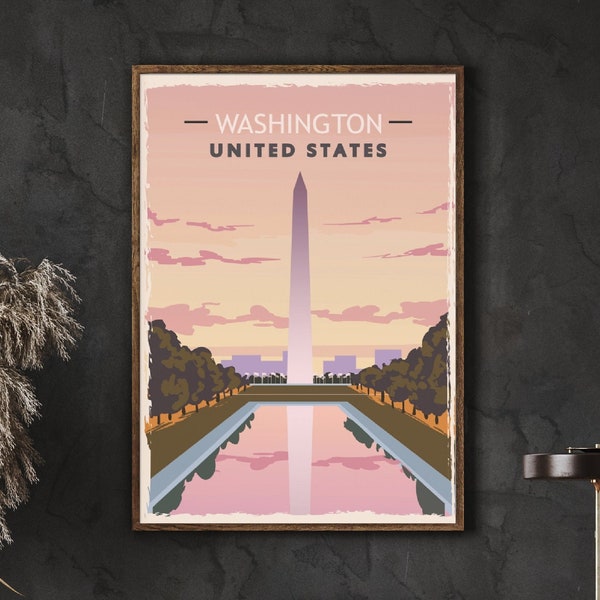 Washington DC Travel Poster, Washington Monument, Lincoln Memorial, Washington DC Print, America Travel Print, City Skyline Wall Art, Decor