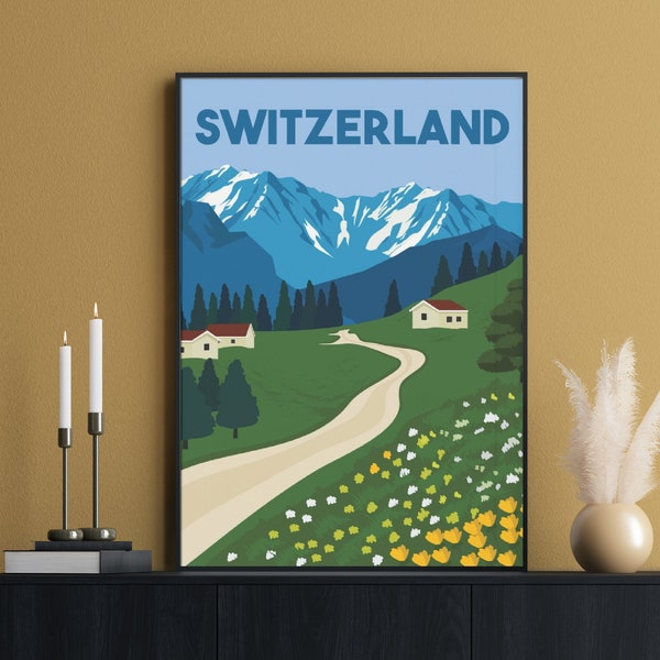 Switzerland Poster, Mountain Print, Swiss Alps Poster, Swiss Travel Print, Swiss Travel Poster, Alpine Summer Landscape, Lauterbrunnen Art