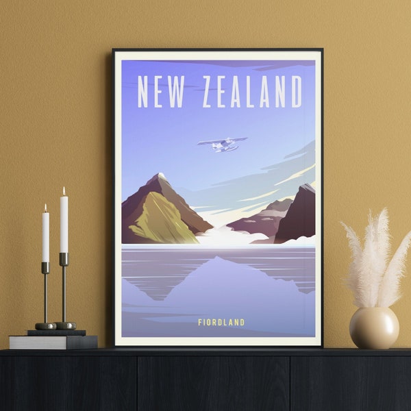 New Zealand Travel Poster, Te Anau Print, Fiordland National Park, South Island, Milford Sound, Mountains Wall Art, Glacier-Carved Fiords