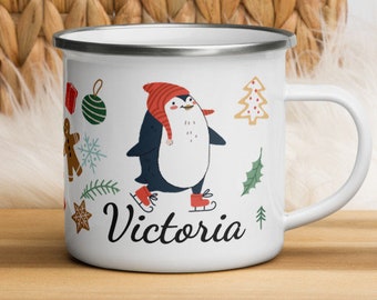 Enamel Christmas Mug, Personalized Enamel Mug, Camping Mug, Metal Cup, Travel Mug, Cute Animal Mug, Outdoor Enamel Mug, Custom Mug