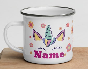 Personalised Name Enamel Mug, Unicorn Mug, Hot Chocolate Mug, Gift for Daughter, Unicorn Camp Mug, Custom Camping Tin Metal Mug & Cup