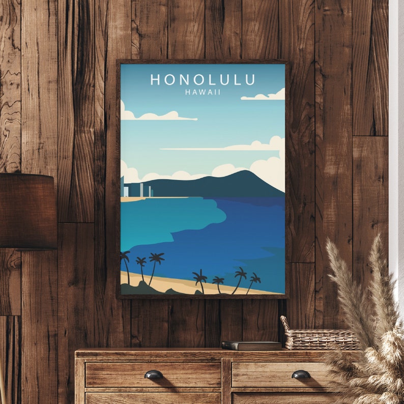 Honolulu Travel Poster Hawaii Print Beach Poster Palm Trees Etsy