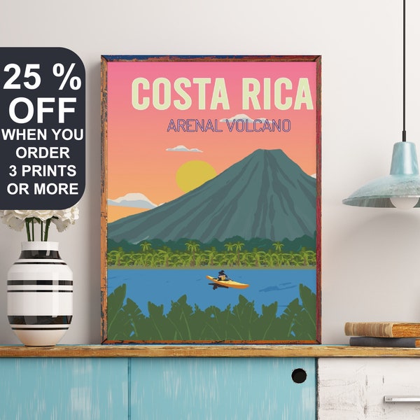 Costa Rica Travel Poster, Areanal Volcano, Wedding Gift, Pura Vida Print, South American Wall Art, San José Poster, Rainforest Decor