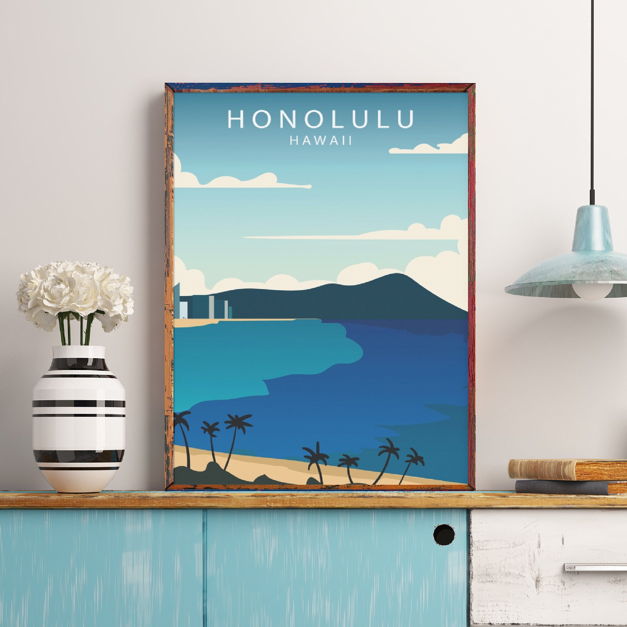 Honolulu Travel Poster Hawaii Print Beach Poster Palm Trees Etsy