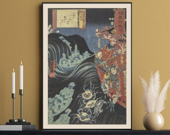 Yoshitsune attacked by Taira Spirits by Tsukioka Yoshitoshi, Japanese Print, Japanese Art, Yoshitoshi Poster, Ukiyo-e Style, Sea Print