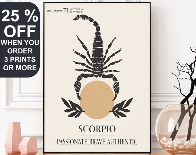 Scorpio Astrology Print, Scorpio Zodiac Sign, Scorpio Birthday Gift, Astrology Print, Zodiac Poster, Boho Wall Decor, Horoscope Wall Art