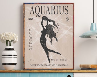 Aquarius Astrology Print, Aquarius Wall Art, Boho Print, Horoscope Wall Art, Aquarius Birthday Gift, Aquarius Star Sign,Bohemian Wall Decor